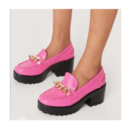 Nasty Gal Bubble Gum Pink Lug Sole Chain Platform Loafers - Picture 1 of 7